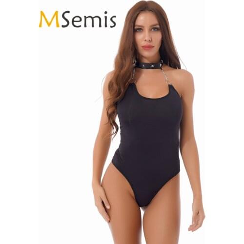 Sexy Womens Swimsuit Swimwear One-piece Halter Neck O Ring Chain Bodysuit Sleeveless Backless Stretchy Leotard Costume