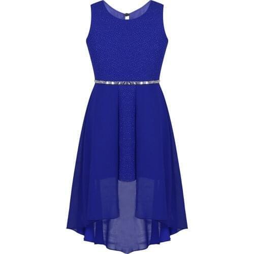 Kids Girls Chiffon Flower Girl Dress Sleeveless Sparkly Rhinestone Waist High-low Hem Princess Dress For Birthday Party Summer