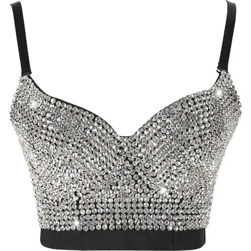 Rhinestone Crop Tops Women 2020 Sexy Top Crystal Bustier Sleeveless Backless V Neck Female Vest Party Rave Night Club Outfits