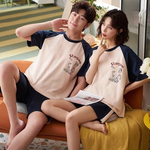 Japanese Summer Fashion Blue Patchwork Cartoon Couple Pajamas Set Cotton Men/Women Short Sleeve Homewear Kawaii Girls Sleepwear