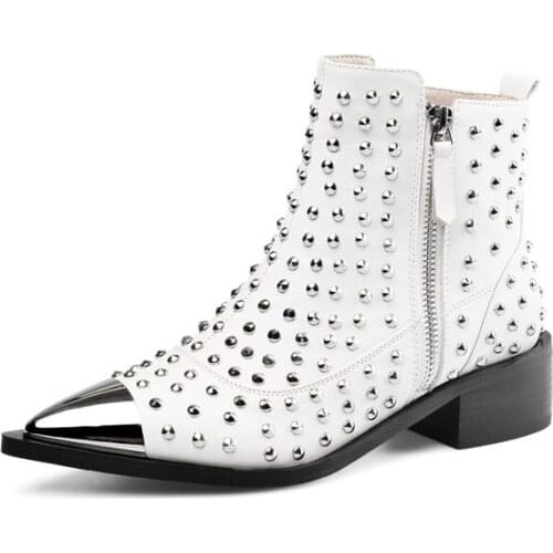 Spring/Autumn Botas De Mujer Fashion Genuine Leather Rivets Motorcycle Ankle Boots Brand Female Decor Pointed Toe Shoes Women