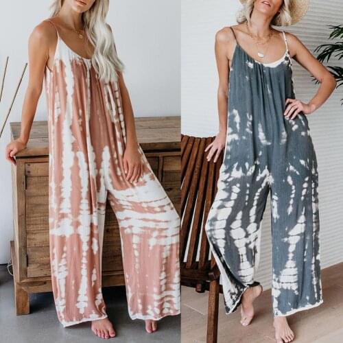 Women Casual Sleeveless Spaghetti Straps Tie Dye Backless Loose Jumpsuit Overall Wholesale