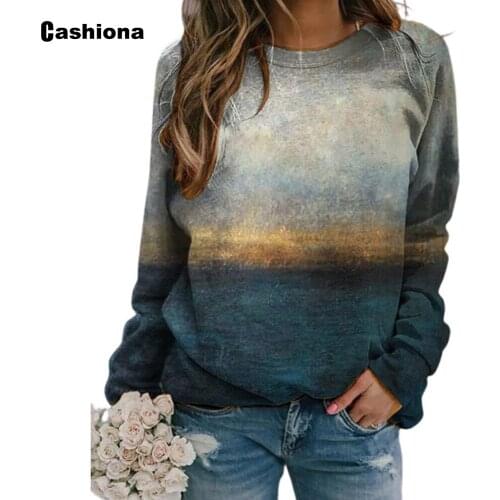 Cashiona 2021 Spring Autumn Sweatshirt Fashion Women Clothing Long Sleeve Casual Landscape Print Top Pullovers Femme Streetwear