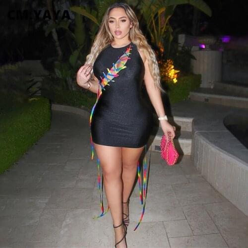 CM.YAYA Women Mini Dress Solid Sleeveless Criss Cross Bandage Strechy Bodycon Dresses Sexy Night Club Vestidos Summer Outfits