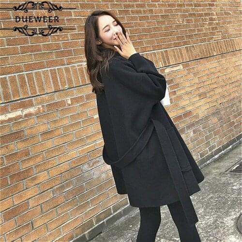 Wool Blends Women Woolen Coats Notched Black Autumn Winter Loose Fashion Belt Chic Trendy Femme New Stylish Casual Korean Style