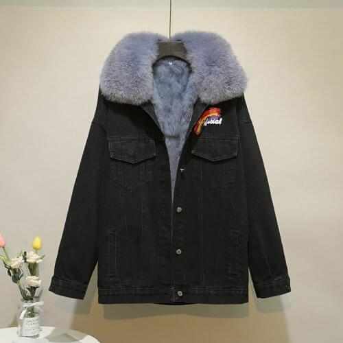 Winter loose vintage BF style printing black denim Parka cowgirl jacket plus velvet fluffy big fur collar jean coat for women