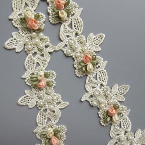 1 Yard Vintage Pearl Flower Embroidered Lace Edge Trim Ribbon Applique Patches Wedding Dress Fabric Sewing Craft