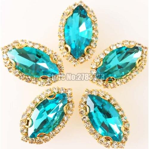 Free shipping Horse eye shape Gold bottom Crystal button,lake blue Glass Crystal sew on rhinestones diy/Clothing accessories