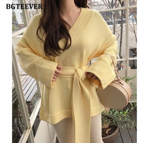 BGTEEVER Stylish V-neck Lace-up Women Yellow Pullover Sweaters 2020 Autumn Winter Loose Knitted Tops Elegant Ladies Knitwear