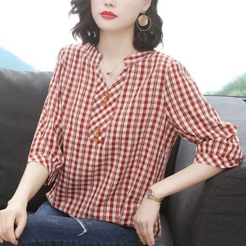 Plaid Printed Blusas Women Half Sleeve Blouses Shirts Lady Casual V-Neck Spring Summer Style Tops Plus Size 4XL