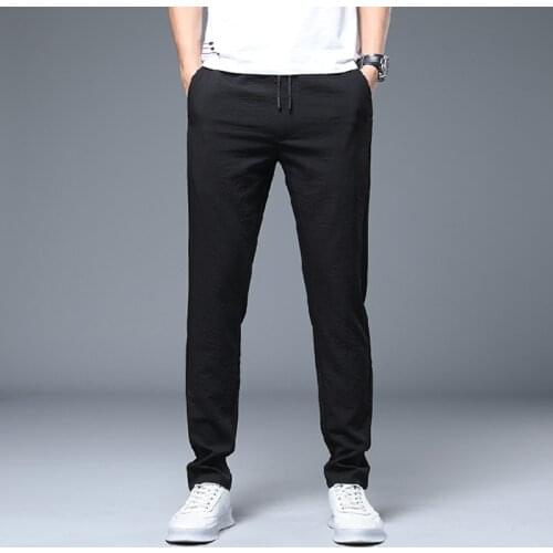 New Summer Mens Straight Elastic Waist Pants Classic Style Casual Trousers Male Black Work Lightweight Pants Brand Men Clothing