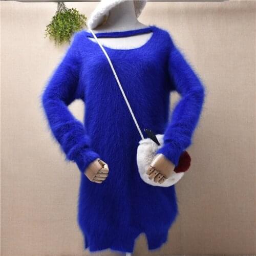 Elegant fashion ladies women hairy angora rabbit fur knitted long sleeves pullover mink cashmere winter jumper sweater dress top