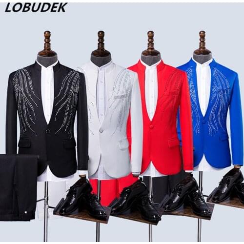 Adult Formal Mens Suits Black Red White Blue Stones Blazers Crystals Jacket Wedding Clothing Choral Dress Host Singer Costumes