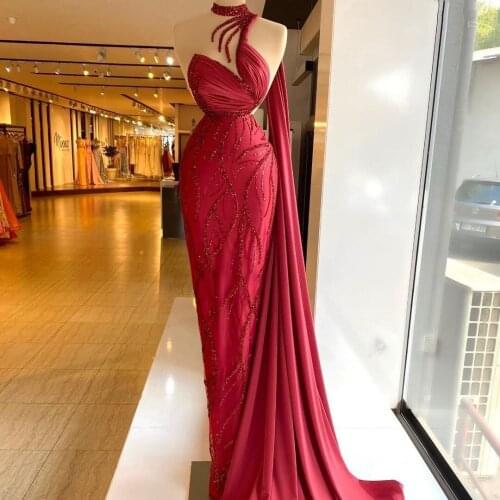 Customise Red Mermaid Evening Dress with Wrap Beading Pleat Prom Gowns Sequins Second Reception Dress Robe De Soiree