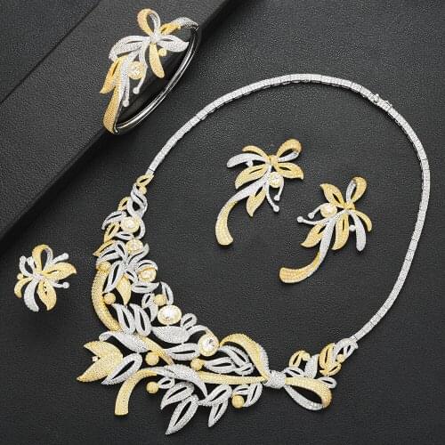 LARRAURI 4PCS Jewelry Sets For Women Wedding Luxury Nigerian Indian Dubai African Flowers Leaf Necklace Earring Bangle Ring