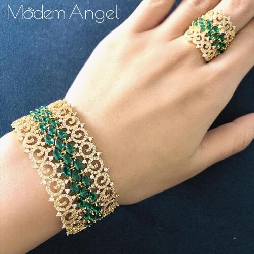 ModemAngel Luxury Special Convolution Mixed Cubic Zirconia Copper Geometry Party Wedding Saudi Arabic Dubai Bangle Ring Set