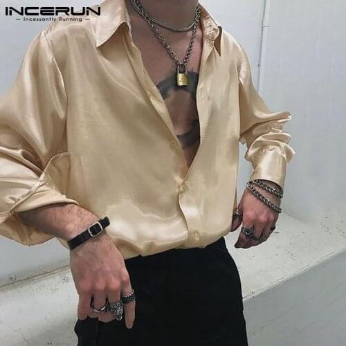 INCERUN Fashion Men Solid Color Shirt Turn Down Collar Long Sleeve Breathable Thin Tops Streetwear Loose Casual Camisa Masculina