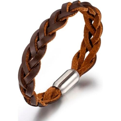 Brown Double Colors Hand-Woven Charm Wrap Men Leather Bracelets Punk Curb Cuban Link Chain Bangle For Male Gift