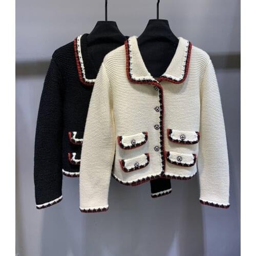 New Ladies High 2021 Quality Fashion Long Sleeve Lapel Contrast Color Knit Jacket 1121