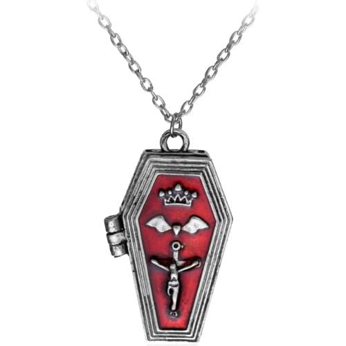 Gothic Red Enameled Vampire Hallowee Bat Cross Open Box Coffin Casket Vintage Punk Cool Vampire Jesus Coffin Pendant Necklace