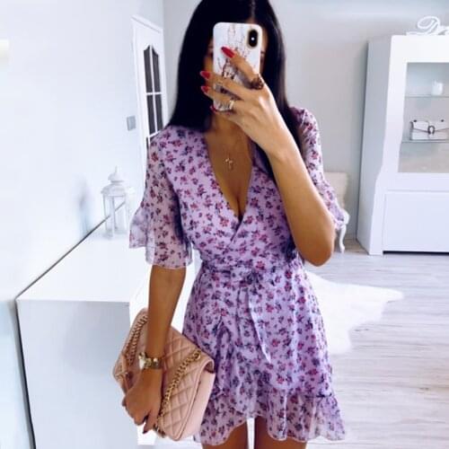 Foridol V neck Mini Dress Summer Short Beach Sundress Women Ruffled Floral Print Harajuku Cute Wrap Chiffon Boho Dress Purple