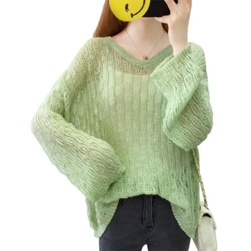 Spring And Summer New Top Cut-out Sweater Womens Loose V-neck Pullover Sunscreen Blouse Short Thin Sweater Fashion