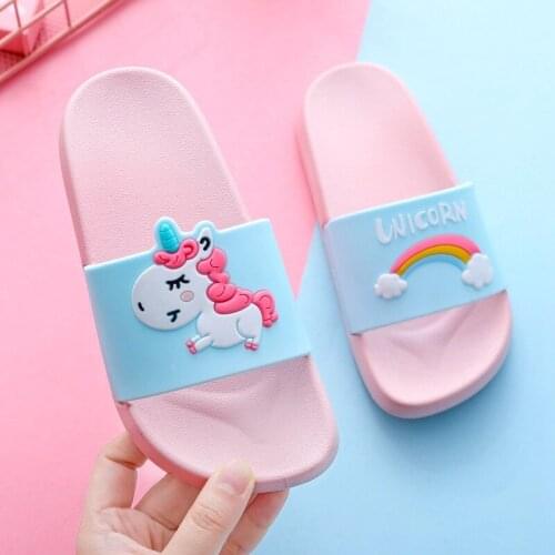 Slippers Kids Summer Girl Home Slippers Boys Flip Flop Children Indoor Cute Sandals Cartoon Unicorn Rainbow Non-slip Beach Shoes