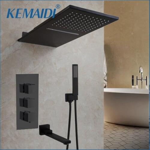 KEMAIDI Thermostatic Mixer Bath Shower Mixer Tap 4 ways Shower Faucet Wall Mounted Matte Black Rain Waterfall Shower Set