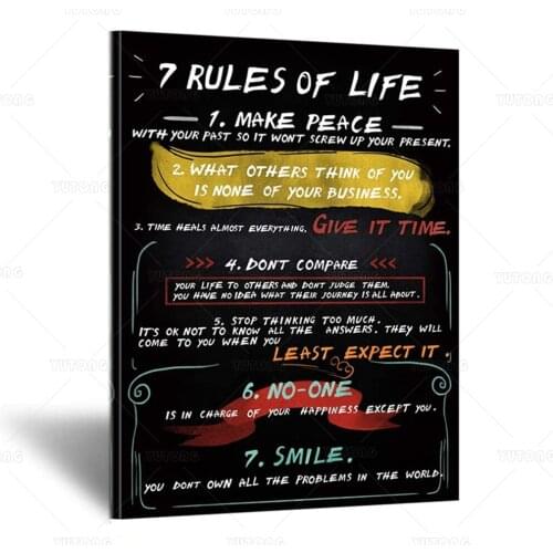 Inspirational Wall Art 7 Rules Of Life Motivational Office Canvas Poster Prints Quotes Home Decor Black and White Art painting
