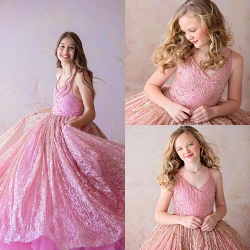 Gorgeous Pink Flower Girl Dresses Spaghetti Lace Glitter Pearls Girls Dress For Wedding Birthday First Holy Communion Gowns