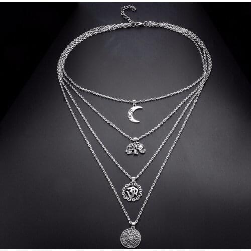 Vintage Metal Elephant Moon Long Choker Chain Necklace Boho Multilayer Pendant Necklace Shellhard Fashion Beach Jewelry