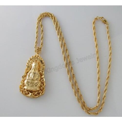 YELLOW GOLD GP 24" ROPE NECKLACE & VIVID BUDDHA Buddhism Guan yin bodhisattva PENDANT