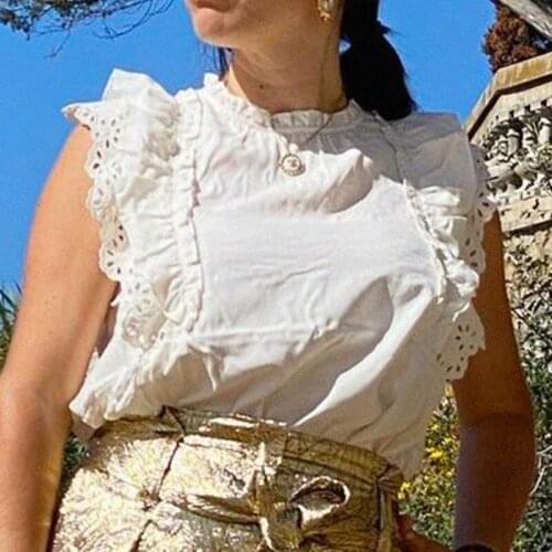 Embroidered Blouse 2021 Summer Ruffles Sleeveless Round Neck Hollow Out Female Shirts Tops Vintage Chic Chemises Femme Fashion