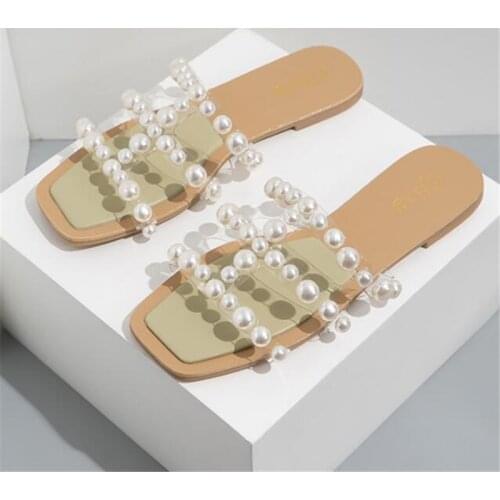 2021 Summer Women Slippers Fashion Pearl transparent Sandals Woman High Quality Flat slippers Ladies Hot flat Beach shoes
