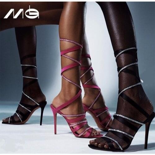 Women Rhinestone Sandals Hees Sexy Super High Heels Bling Crystal Shoes Black Red Heels Strappy Heels Cross-strap Summer Sandals