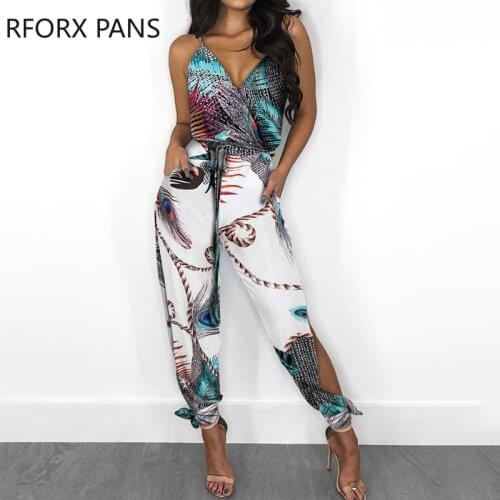 Womens Spaghetti Strap Mixed Print Slit Leg Jumpsuit Sexy Sexy Jumpsuit