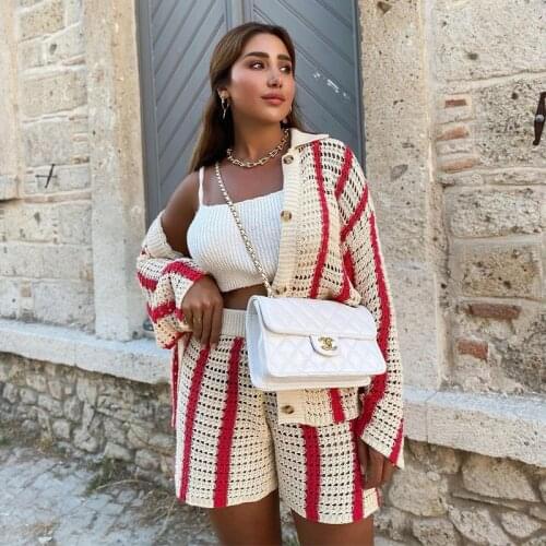 Foridol Hollow Out Crochet Striped Knitted Short Cardigan Set Suits Women Autumn Winter 2021 New Oversized Cardigan Sweater Red