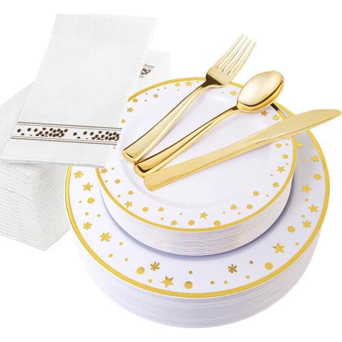 150pcs Disposable Cutlery Set Japanese Style Hot Stamping Gold Lace Gold Plated Knife Fork Spoon Buffet Plate Daily Use Plate