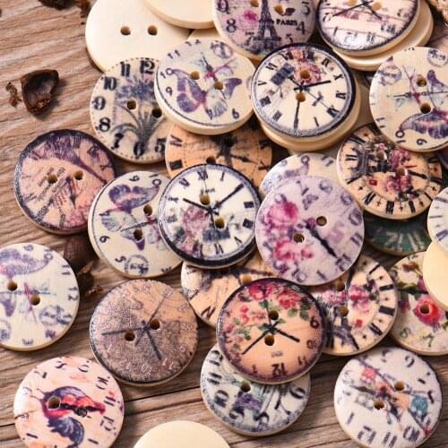 50Pcs 2 Holes Wood Buttons Craft Scrapbooking Sewing Clothing Accessories 20mm Buttons Clock Painted Vintage Home DIY Crafts