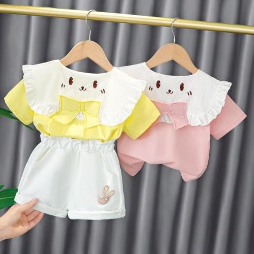 2021 new Korean girls' cotton suit short sleeve baby cute cartoon cat 2-piece summer childrens suit