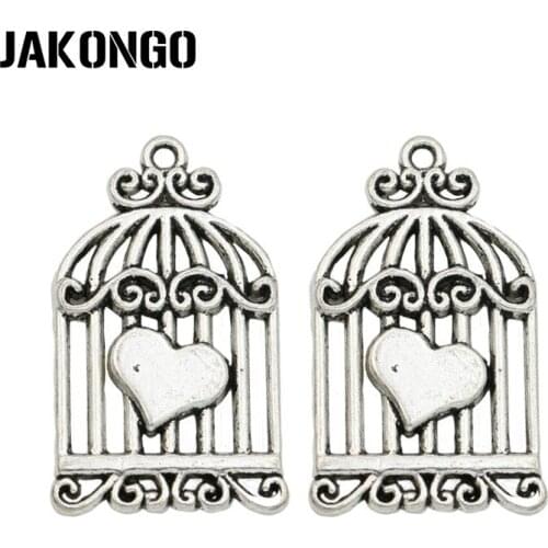 JAKONGO Antique Silver Plated Birdcage Charms Pendant for Jewelry Making Bracelet Accessories DIY Handmade 34x20mm 10PCS/lot