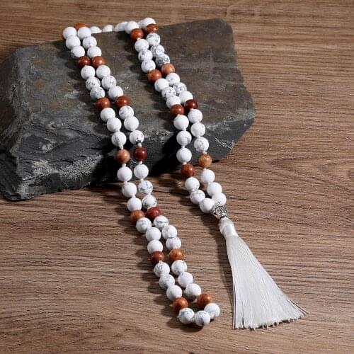 108 Knotted JapaMala Necklaces For Women Payer Natural Stone Howlite&Wood Beads Long Mala White Tassel Necklace Yoga Jewelry