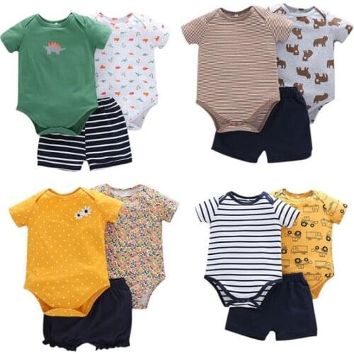 Infant Baby Boy Girl Clothing Set 2021 Summer Bebe Dinosaur Floral Bear Tops+Bodysuit+Shorts 3Pieces Newborn Baby Clothes Outfit