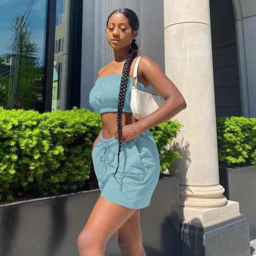 TNNAOFF Sexy Two Piece Tracksuits Women Set Sleeveless Strapless Tops Fashion Bandage Biker Shorts Lounge Wear Matching Sets