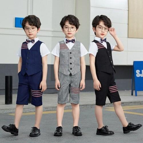 Boys Summer Vest+Short+Bowtie 3Pcs Formal Wedding Suit Gentleman Kids School Performance Dress Children Graduation Clothing Set