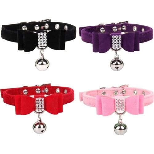 Cute Rhinestone Bow Tie with Bell Small Dog Cat Collar Safe Soft Velvet Pet Products Dog Collar Pet Supplies 4 Colors