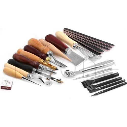 20pcs Wood Handle Leather Craft Tool Kit Leather Hand Sewing Tool Punch Cutter DIY Set