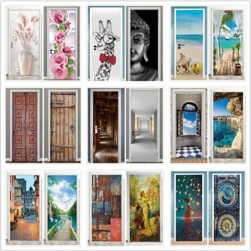 Landscape Door Stickers 3D Removable Vinilos Para Puertas Adhesive Wallpaper Art Murals for Doors Bibliotheque Modern Home Decor