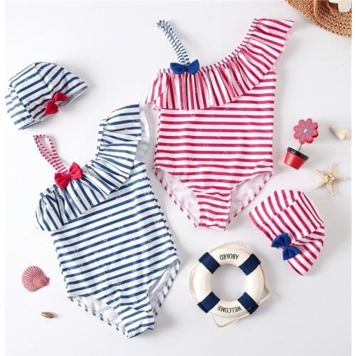 New Girl Childrens Swimsuit One-piece Striped Baby Girls Swimming Suits With Cap Summer Beach Swimwear Swimming Costumes