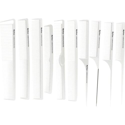 10 Pcs Set Professional Hairdressing Tail Comb In White Color, Barber Hair Cutting Carbon Comb T-11 Anti Static Hairstyling